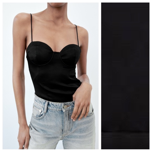 Zara Tops - NWT. Zara Black Satin Effect Bustier Bodysuit. Size S.